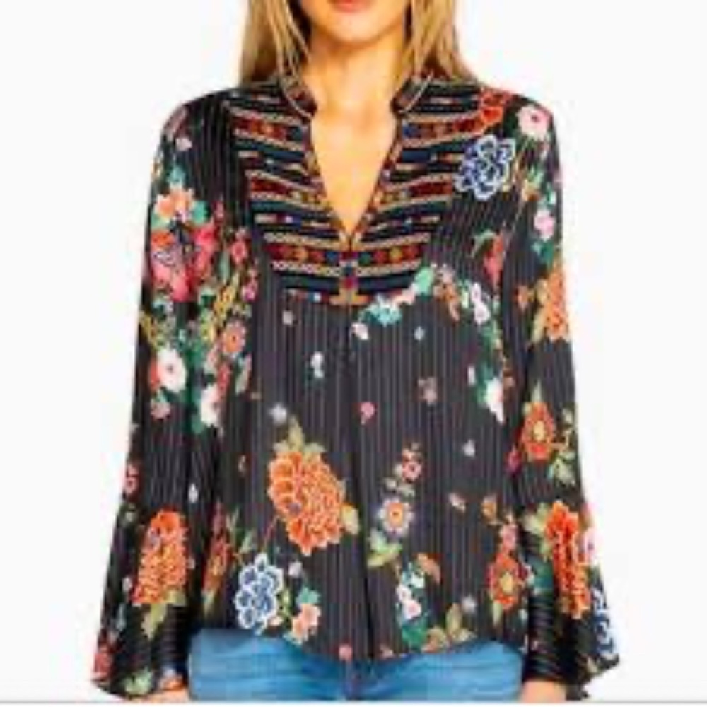 NWT Johnny Was Women's Size L Spanish Steps Velvet Mix Flare Sleeve Blouse